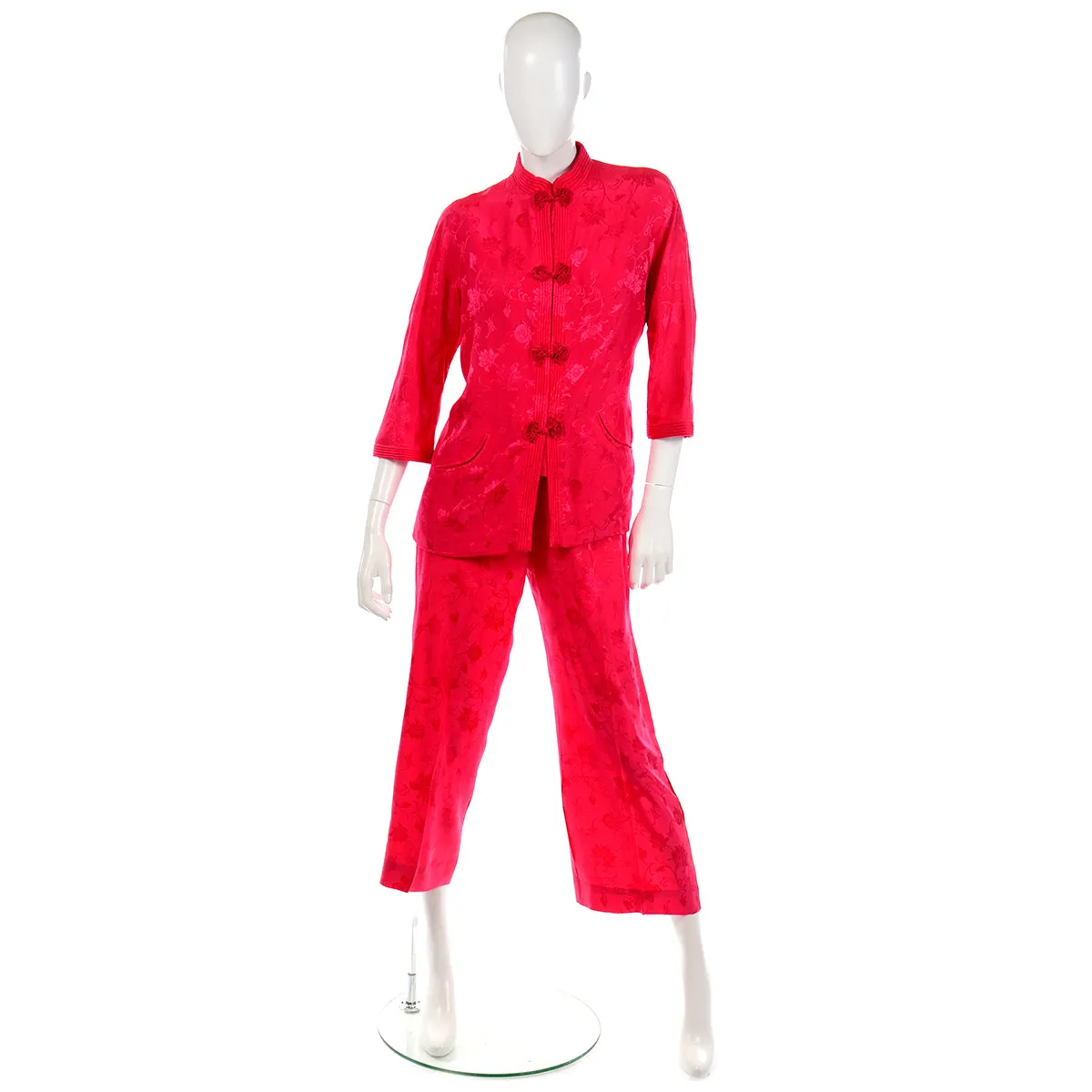 1960s Dynasty Red Silk Floral Pajamas