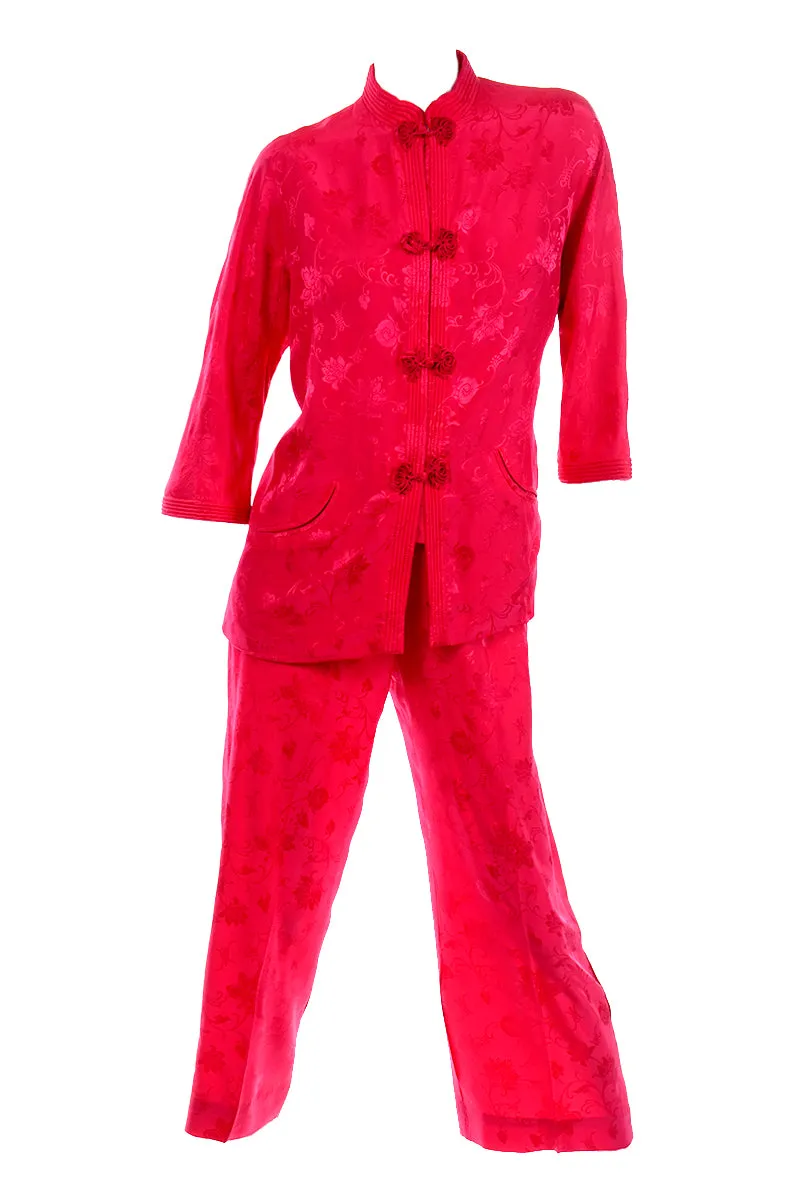 1960s Dynasty Red Silk Floral Pajamas