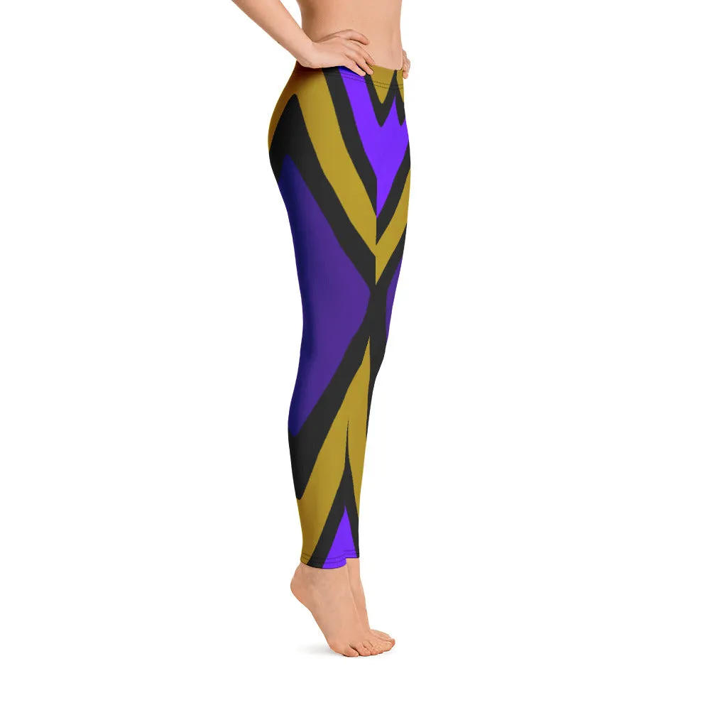 Amara Funky Diamond Leggings Diagonal Stripes Purples Gold Black Bold Unique