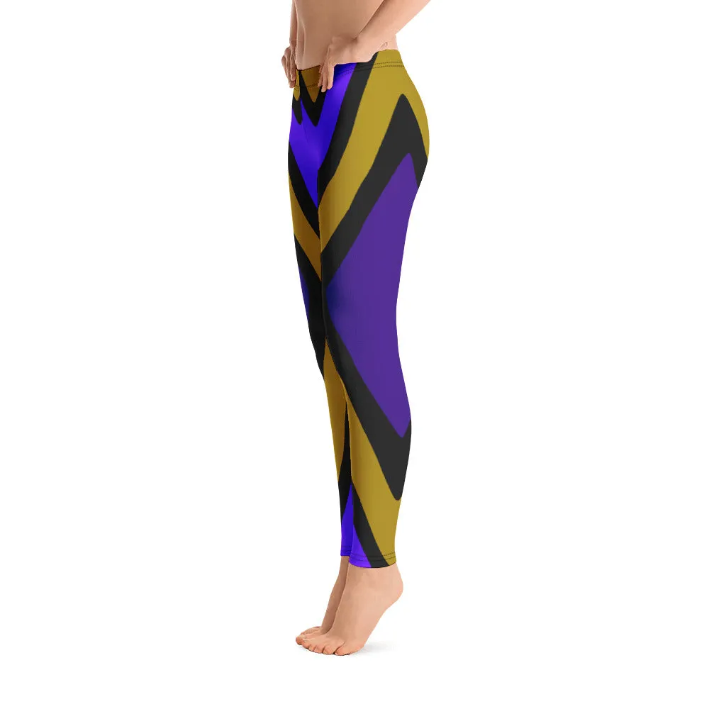 Amara Funky Diamond Leggings Diagonal Stripes Purples Gold Black Bold Unique