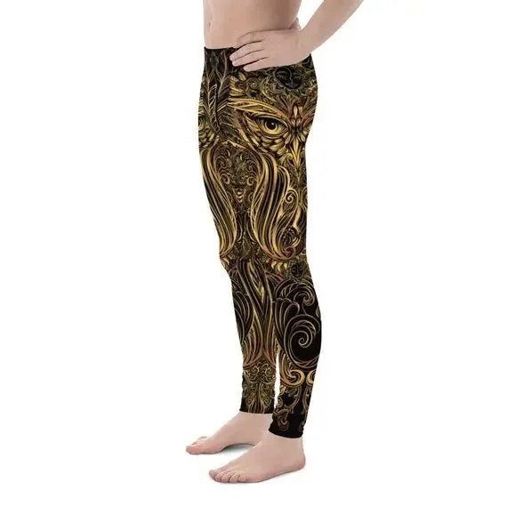 Art Deco Men's Leggings: Owl Design, Moisture-Wicking, Quick-Drying