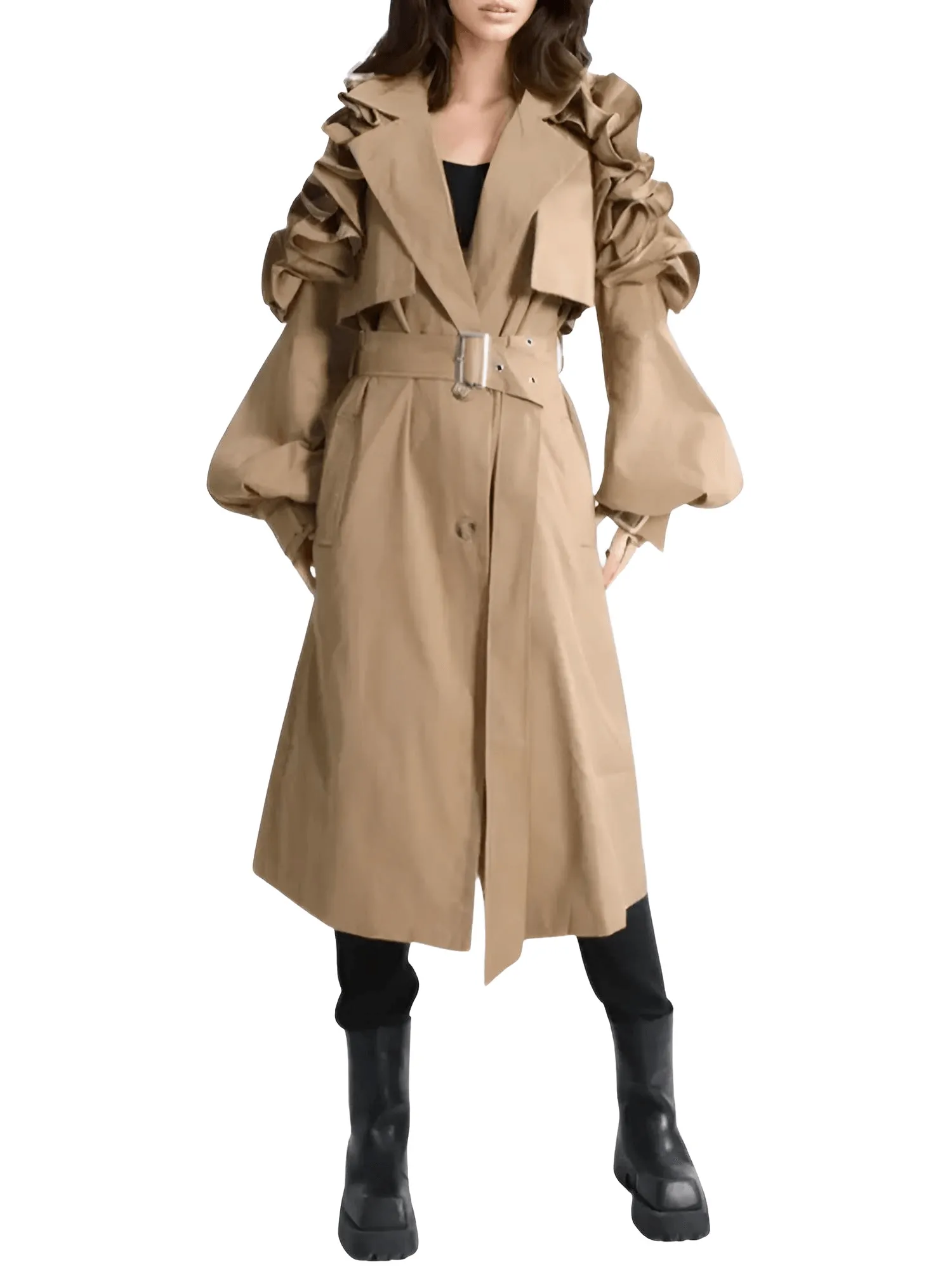 Black Khaki Long Trench Coat Women's Belt Elegant Chic Stylish Luxury Clothes Runway Fashion