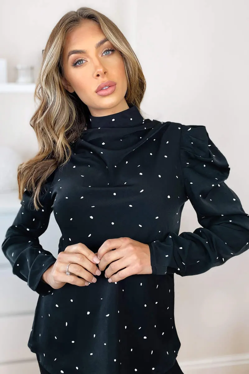 Black Polka Dot Puff Sleeve Top