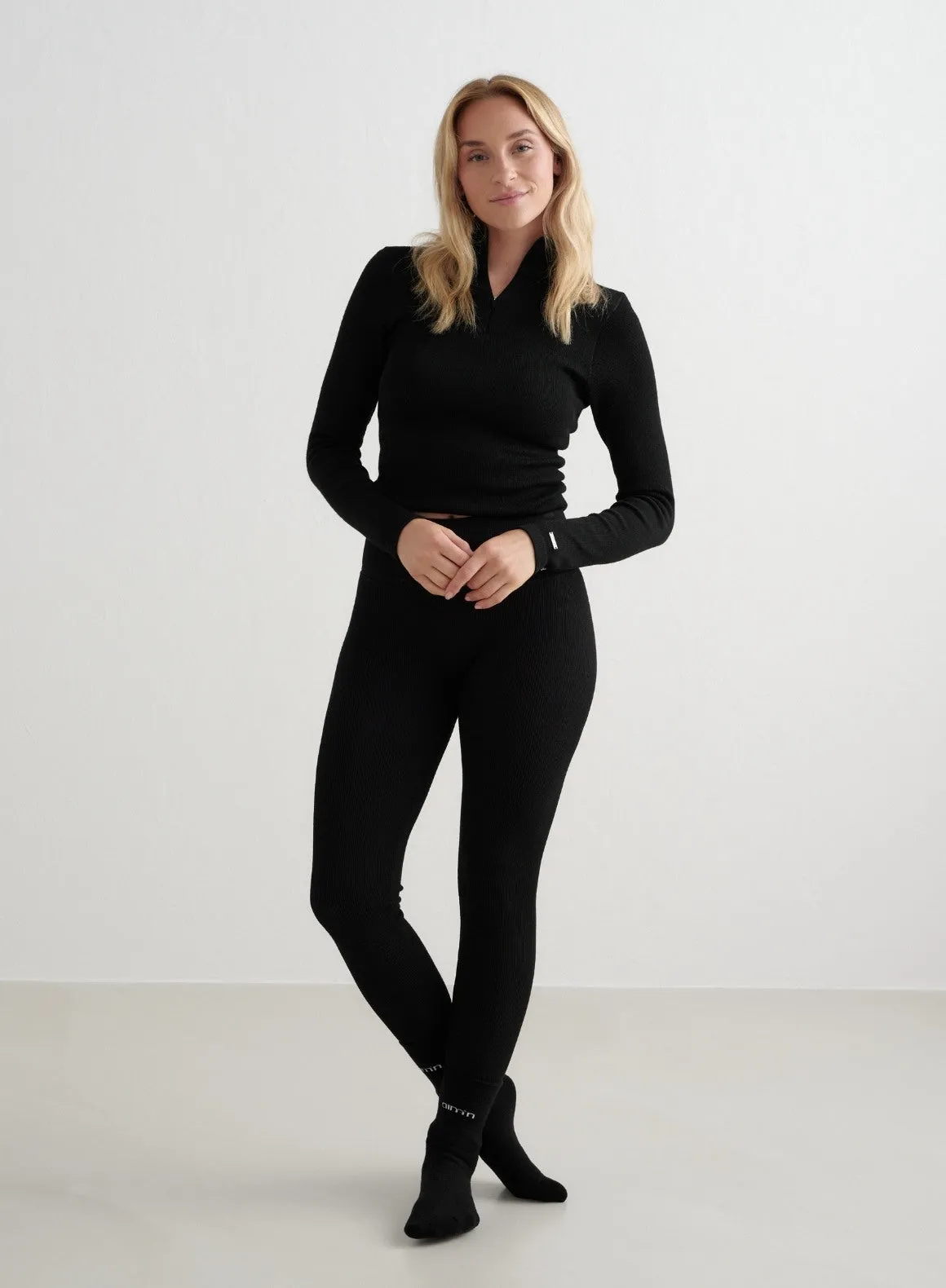 Black Ribbed Wool Set With Half Zip Top