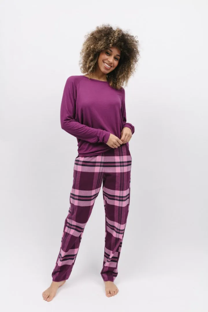 Carina Modal Knit Top and Eve Check Pant Magenta