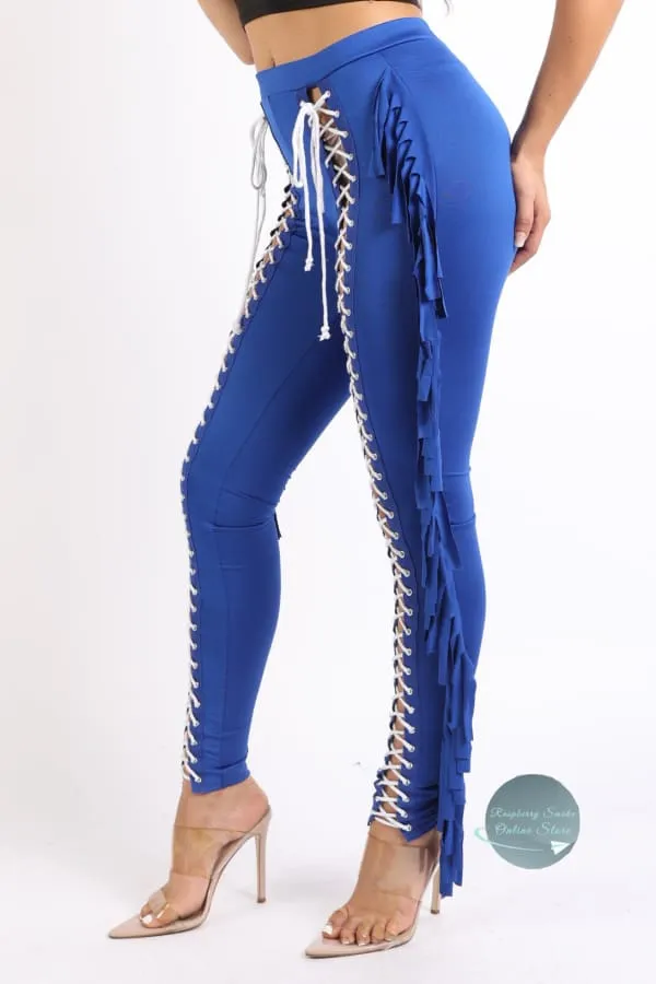 Chic Lace up Detailed Fringe Tassel Pants ROYAL