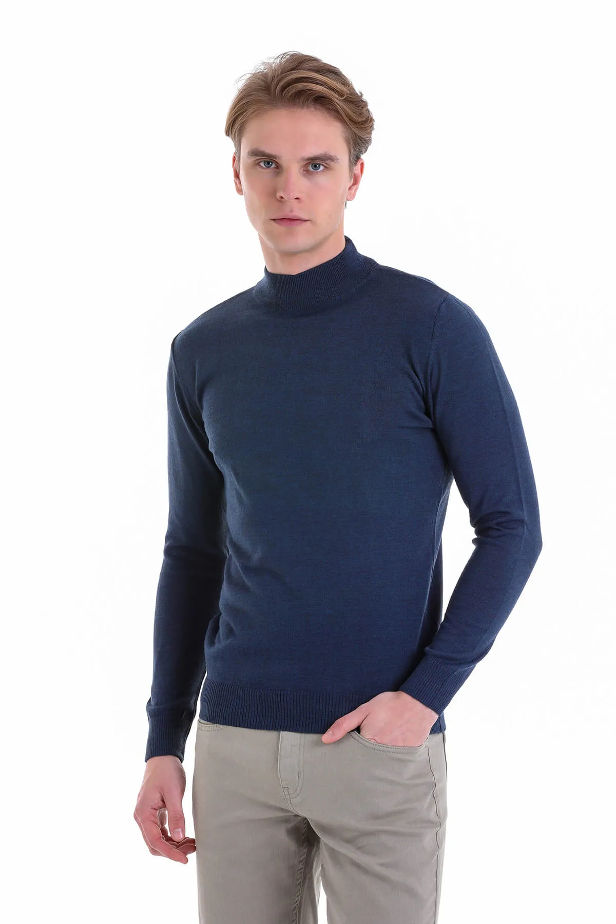 Comfort Fit Wool Blend Indigo Mock Neck Sweater