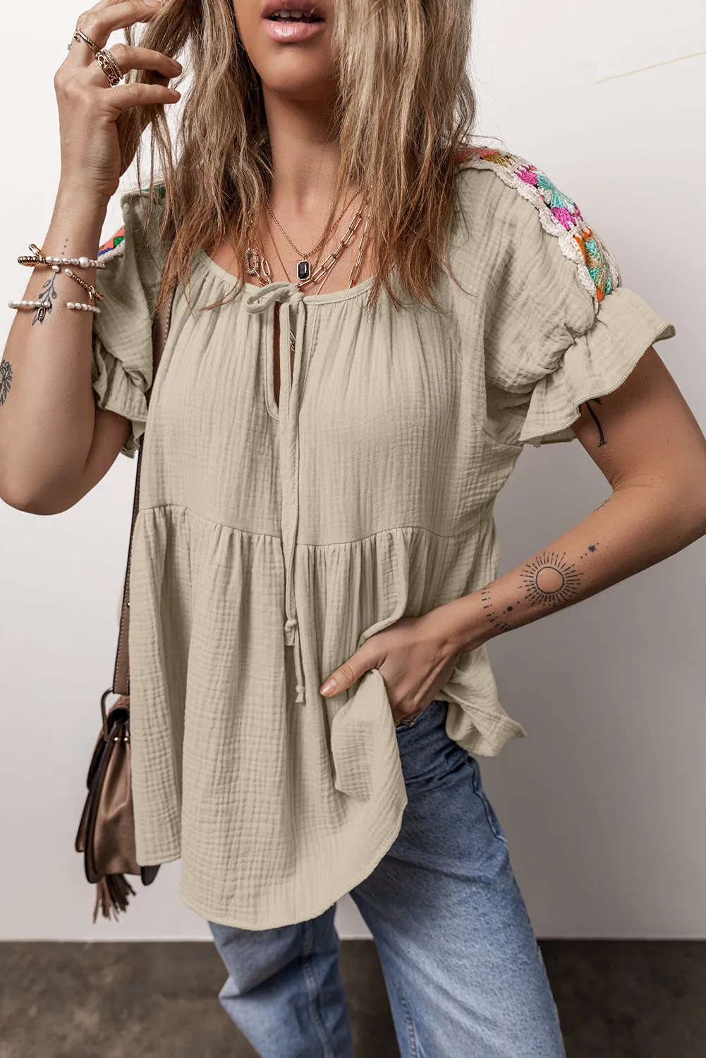 Crinkle Patched Tied Neck Blouse