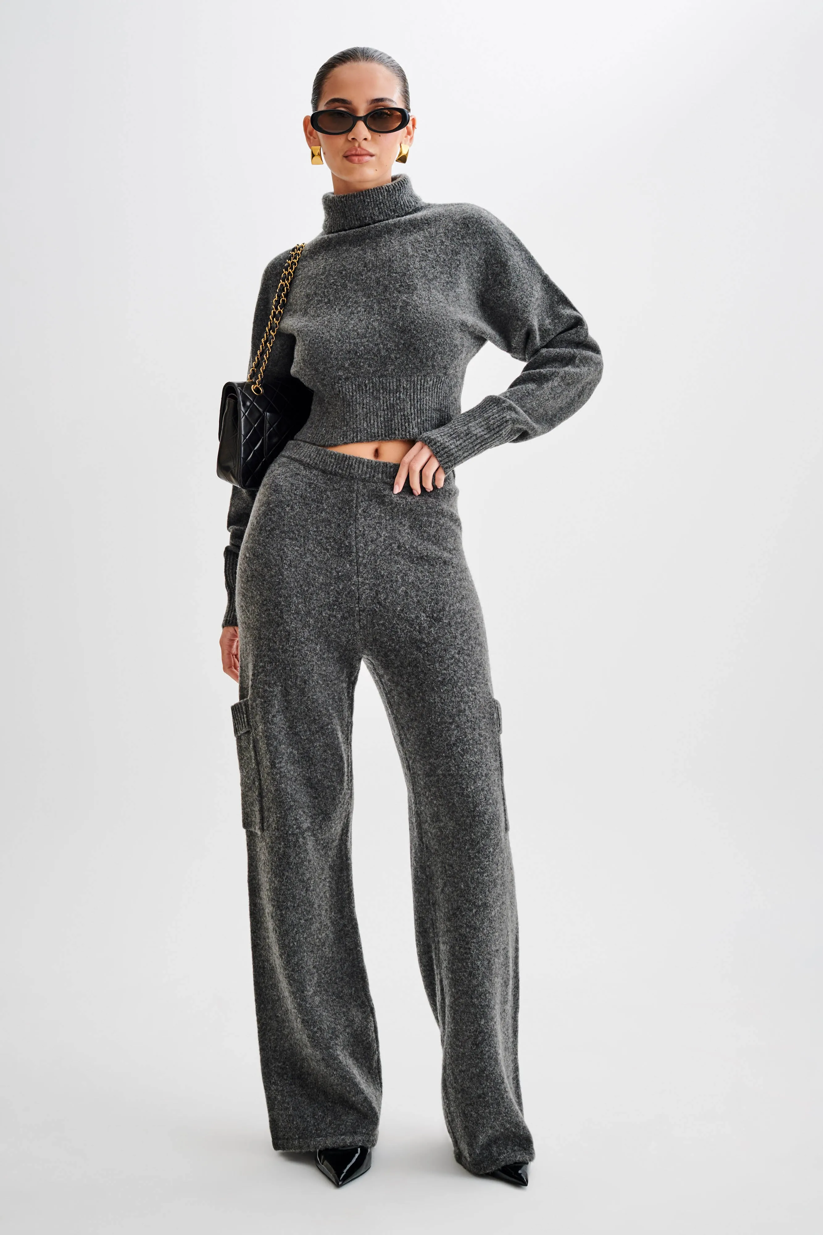 Darius Turtleneck Knit Crop Top - Charcoal Marle