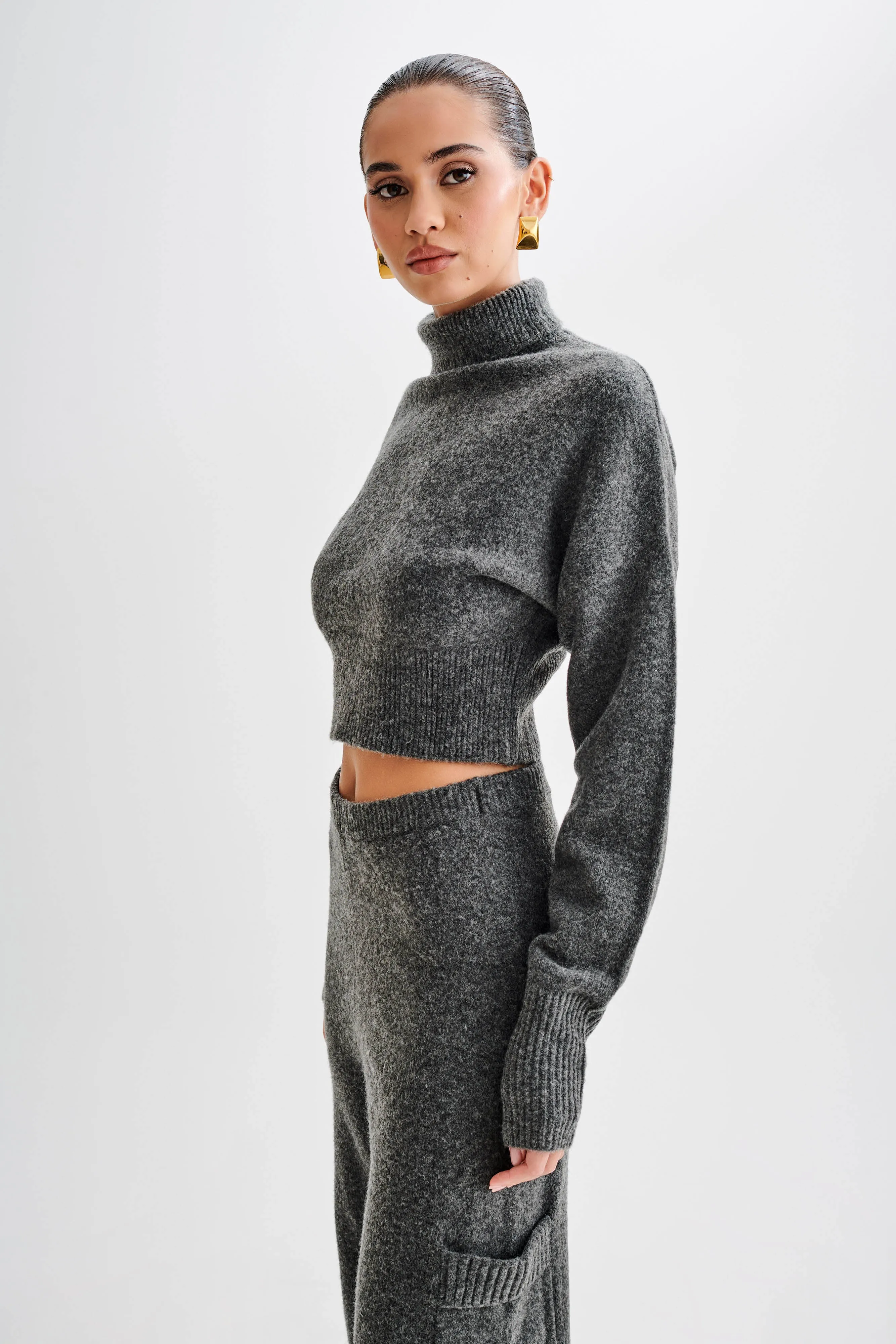 Darius Turtleneck Knit Crop Top - Charcoal Marle