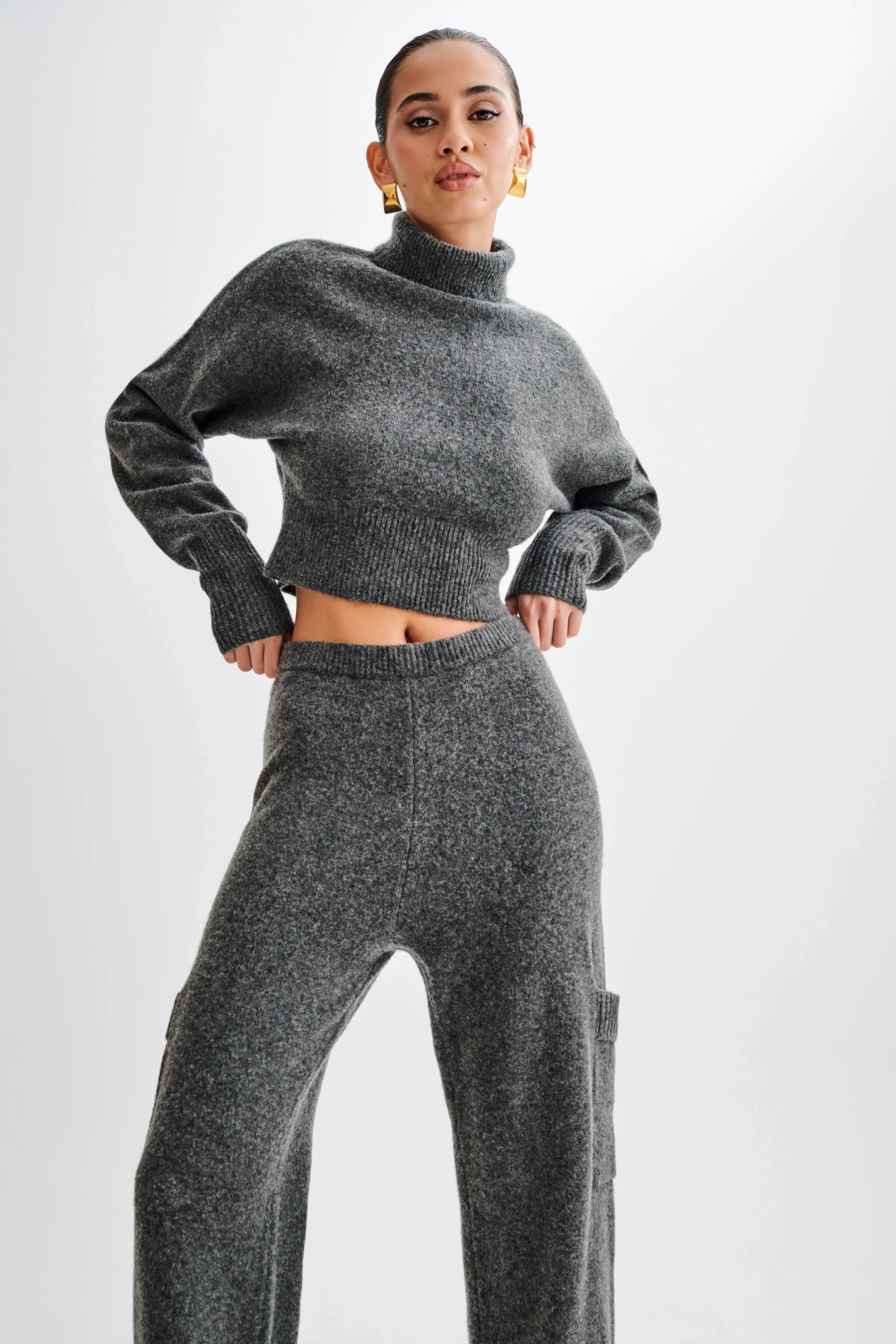 Darius Turtleneck Knit Crop Top - Charcoal Marle