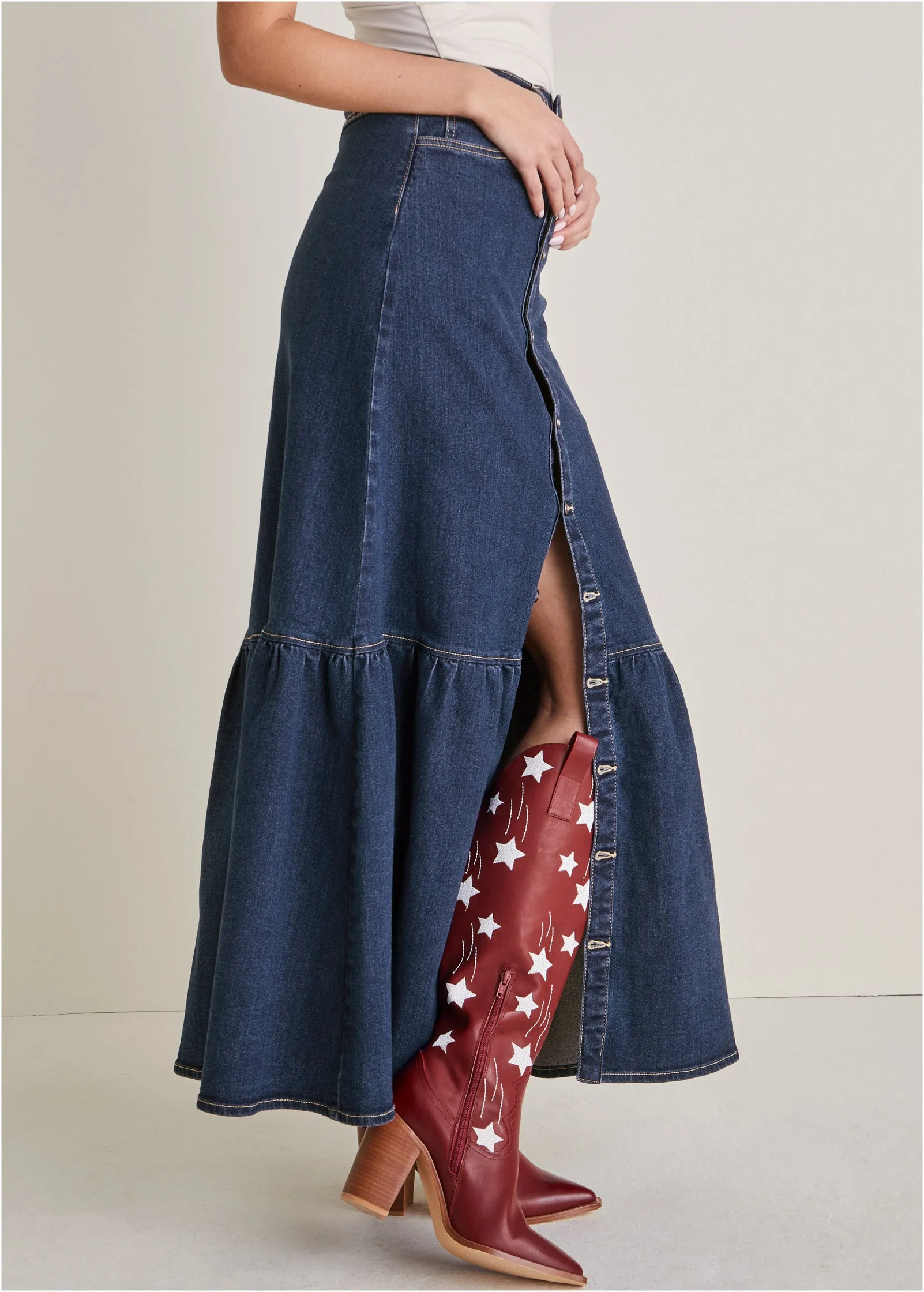 Denim Button Down Skirt - Dark Wash