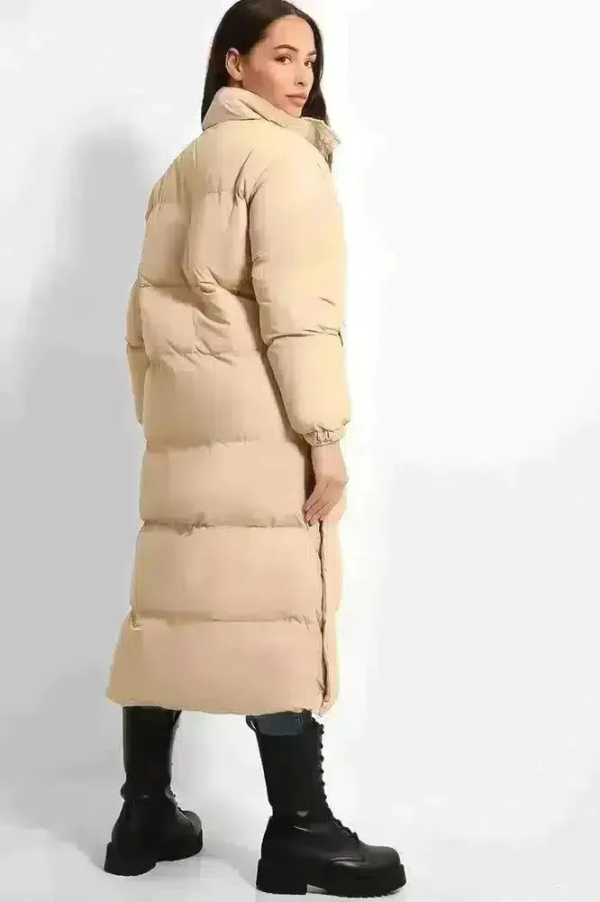 High Neck Quilted Opening Sides Midi Puffer Parker Jacket