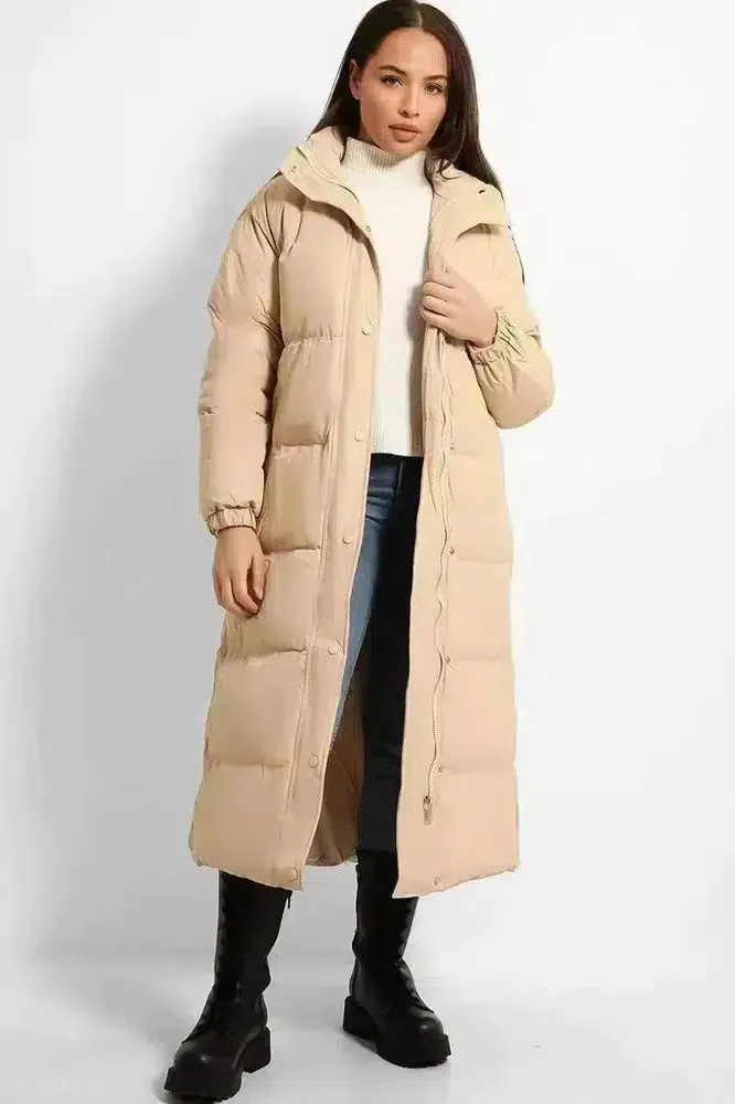 High Neck Quilted Opening Sides Midi Puffer Parker Jacket