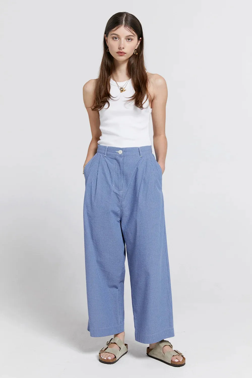 Karen Walker Workwear Pants - Organic Cotton - Seersucker Suiting Blue