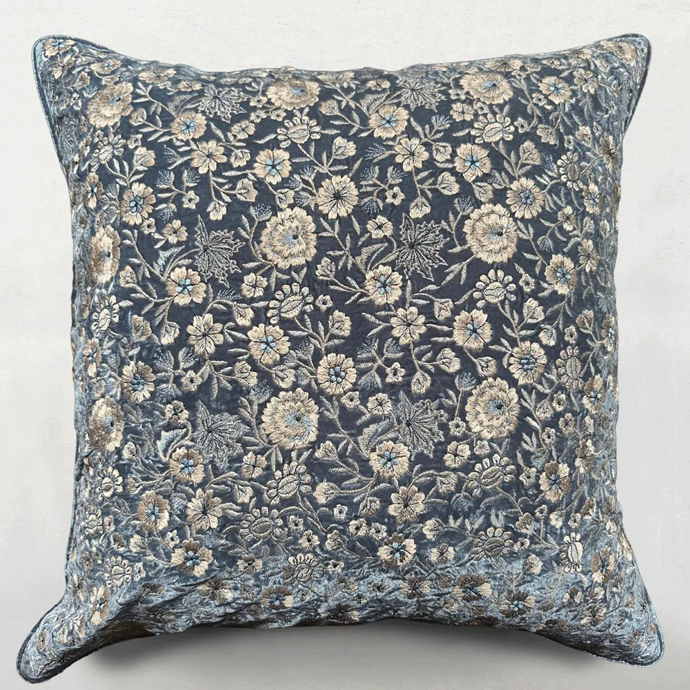 Kensington Embroidered Silk Velvet Cushion in Indigo