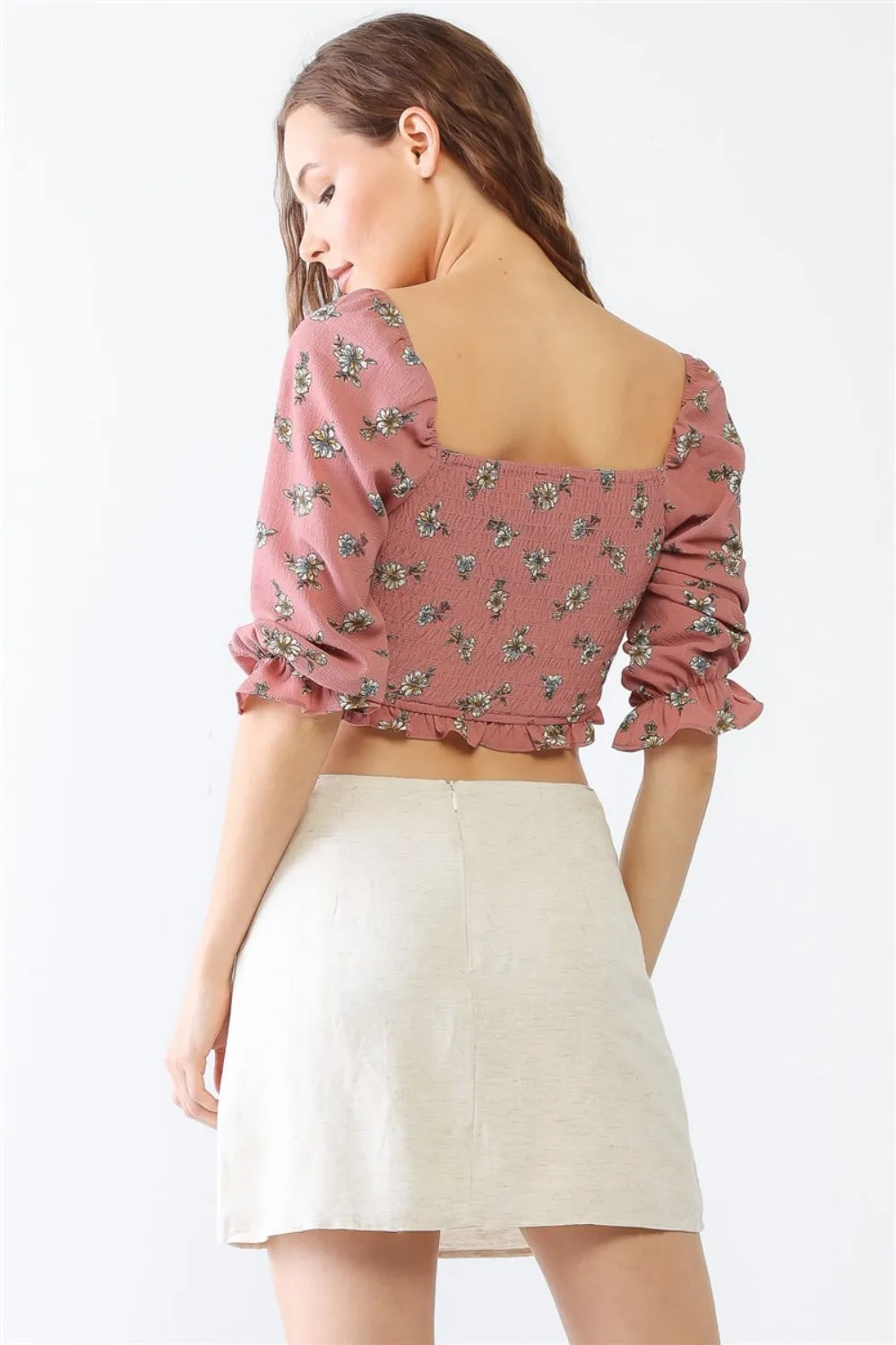 KESLEY Floral Ruffle Smocked Back Ruched Crop Top