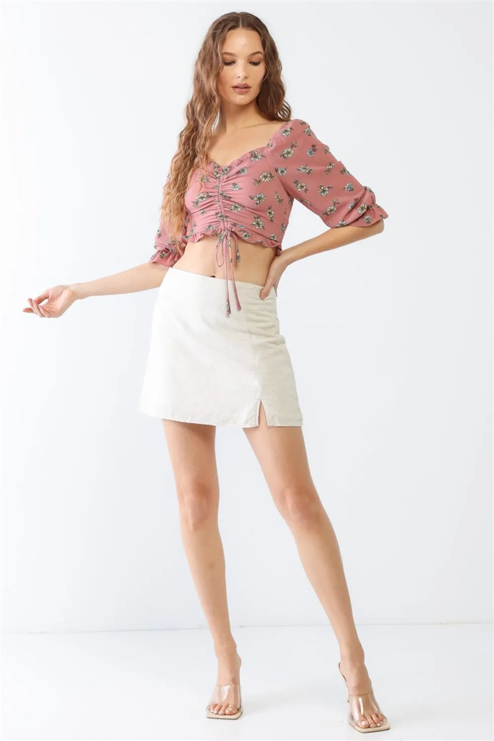 KESLEY Floral Ruffle Smocked Back Ruched Crop Top