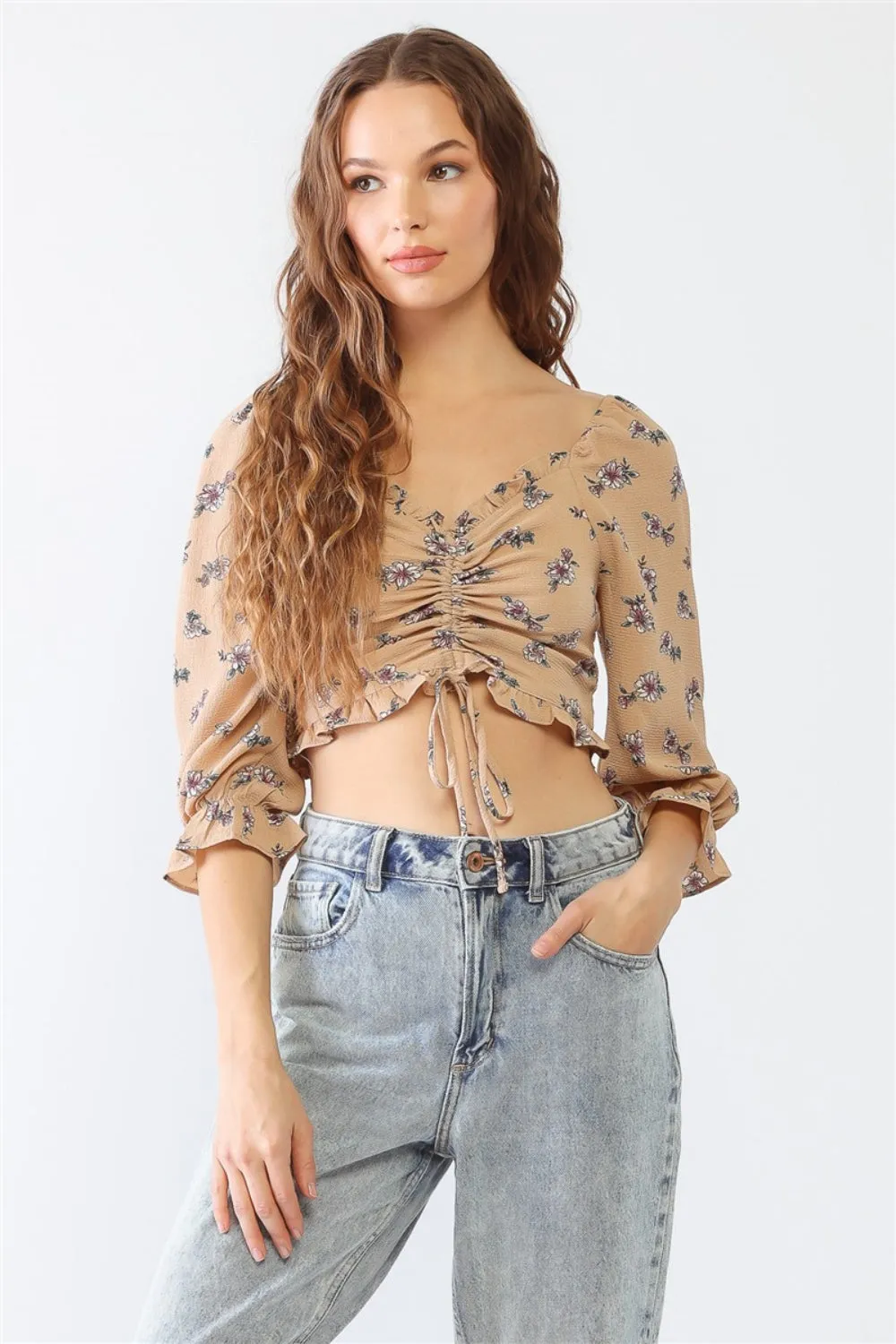 KESLEY Floral Ruffle Smocked Back Ruched Crop Top