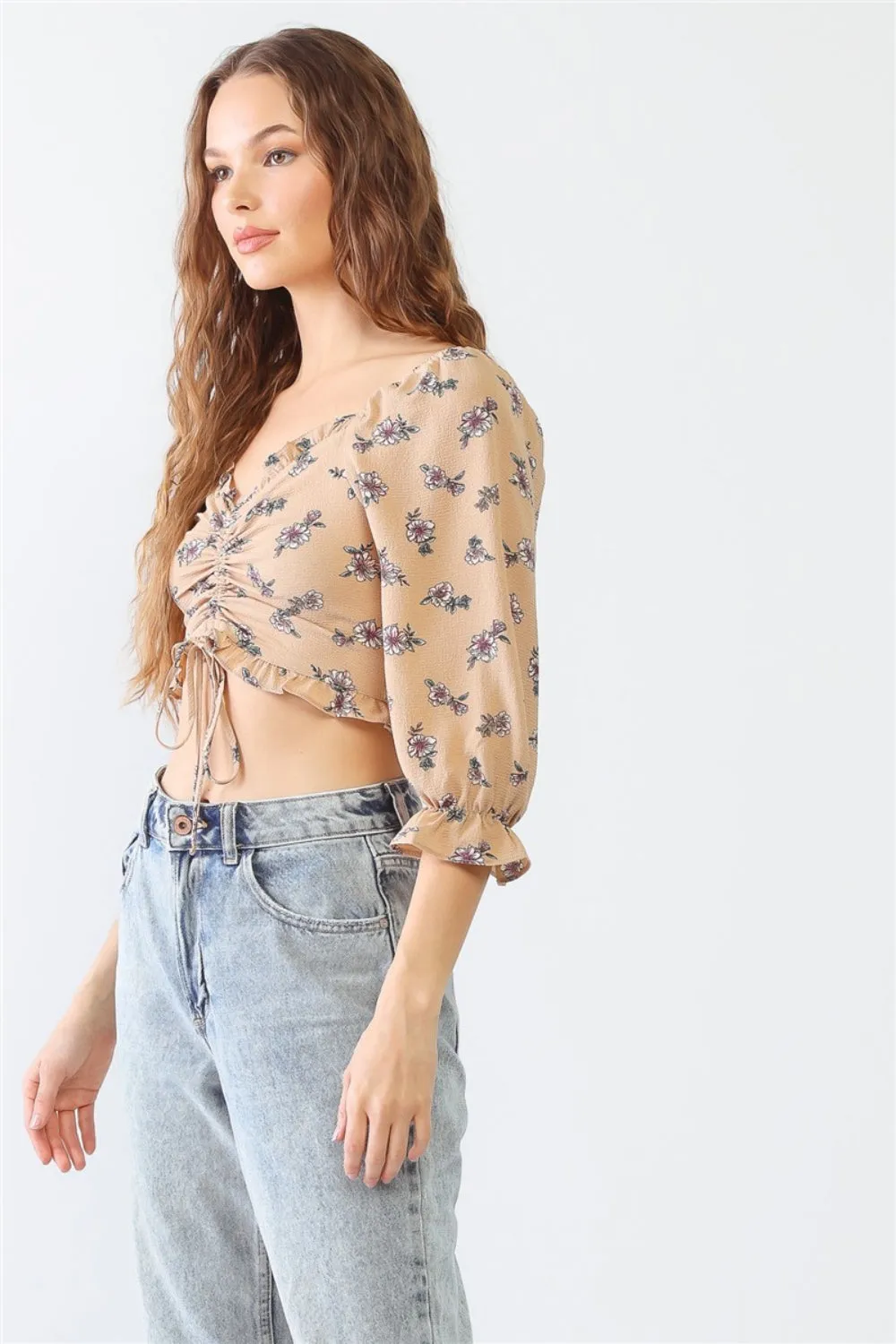 KESLEY Floral Ruffle Smocked Back Ruched Crop Top