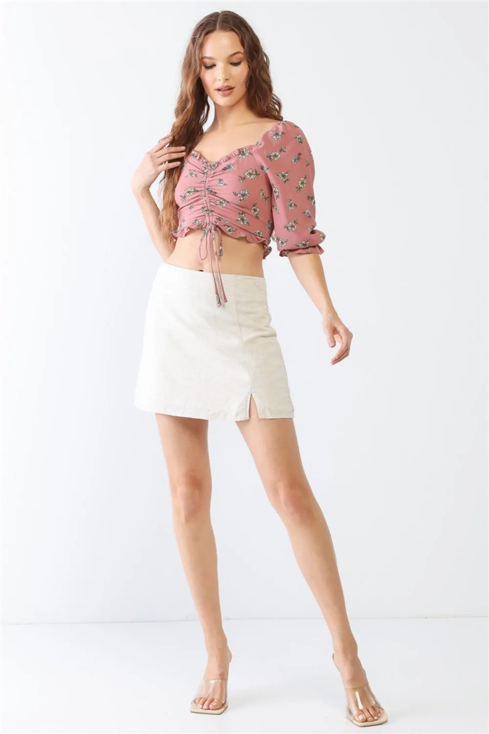 KESLEY Floral Ruffle Smocked Back Ruched Crop Top