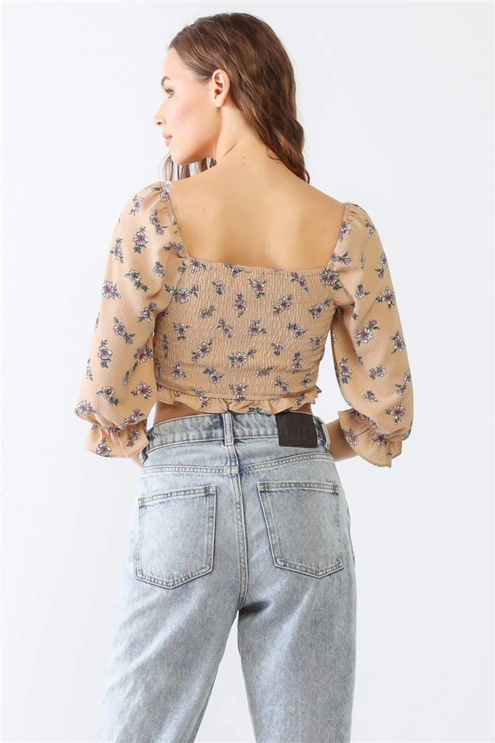 KESLEY Floral Ruffle Smocked Back Ruched Crop Top