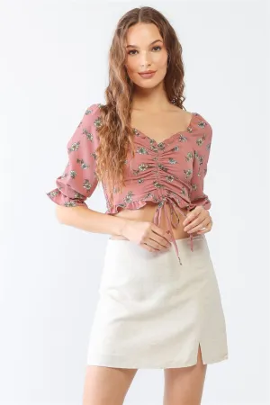 KESLEY Floral Ruffle Smocked Back Ruched Crop Top