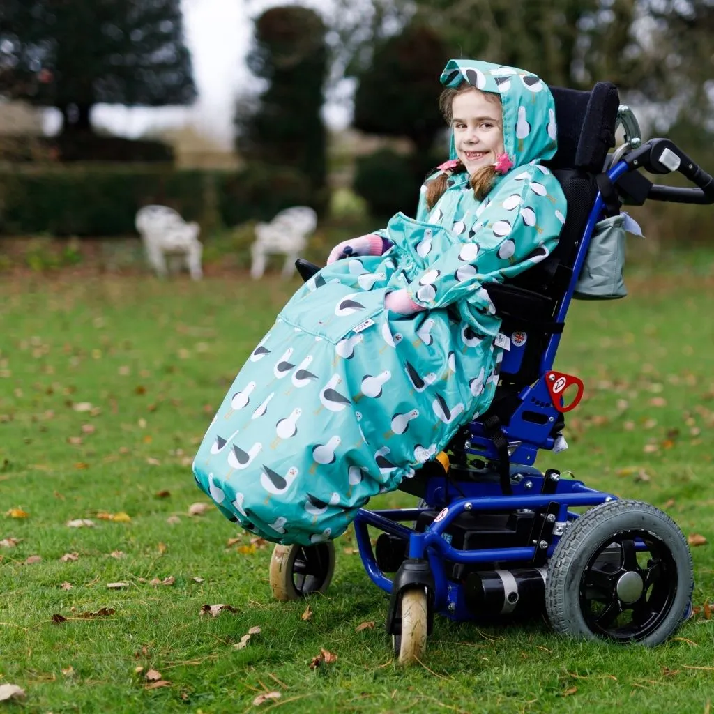 Kids Fleece-Lined Wheelchair Cosy - TEAL SEAGULLS