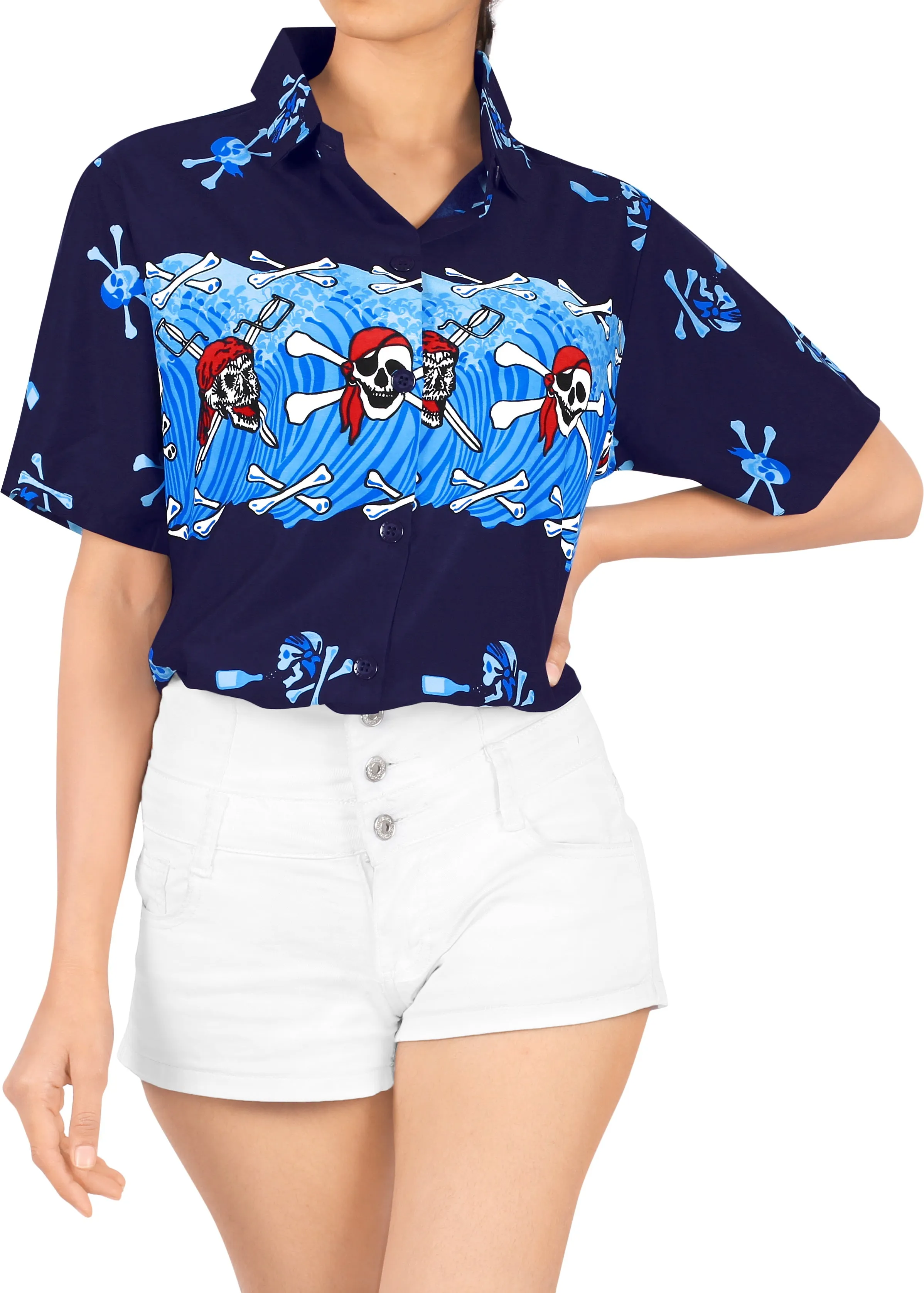 La Leela Women's Causal Halloween Skull Cross & Pirates Printed Bright Blue Shirt