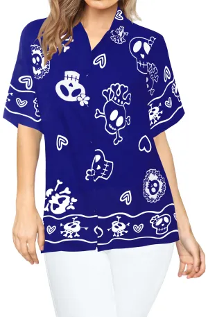 La Leela Women's Causal Halloween Skull Cross & Pirates Scary Printed Royal Blue Shirt