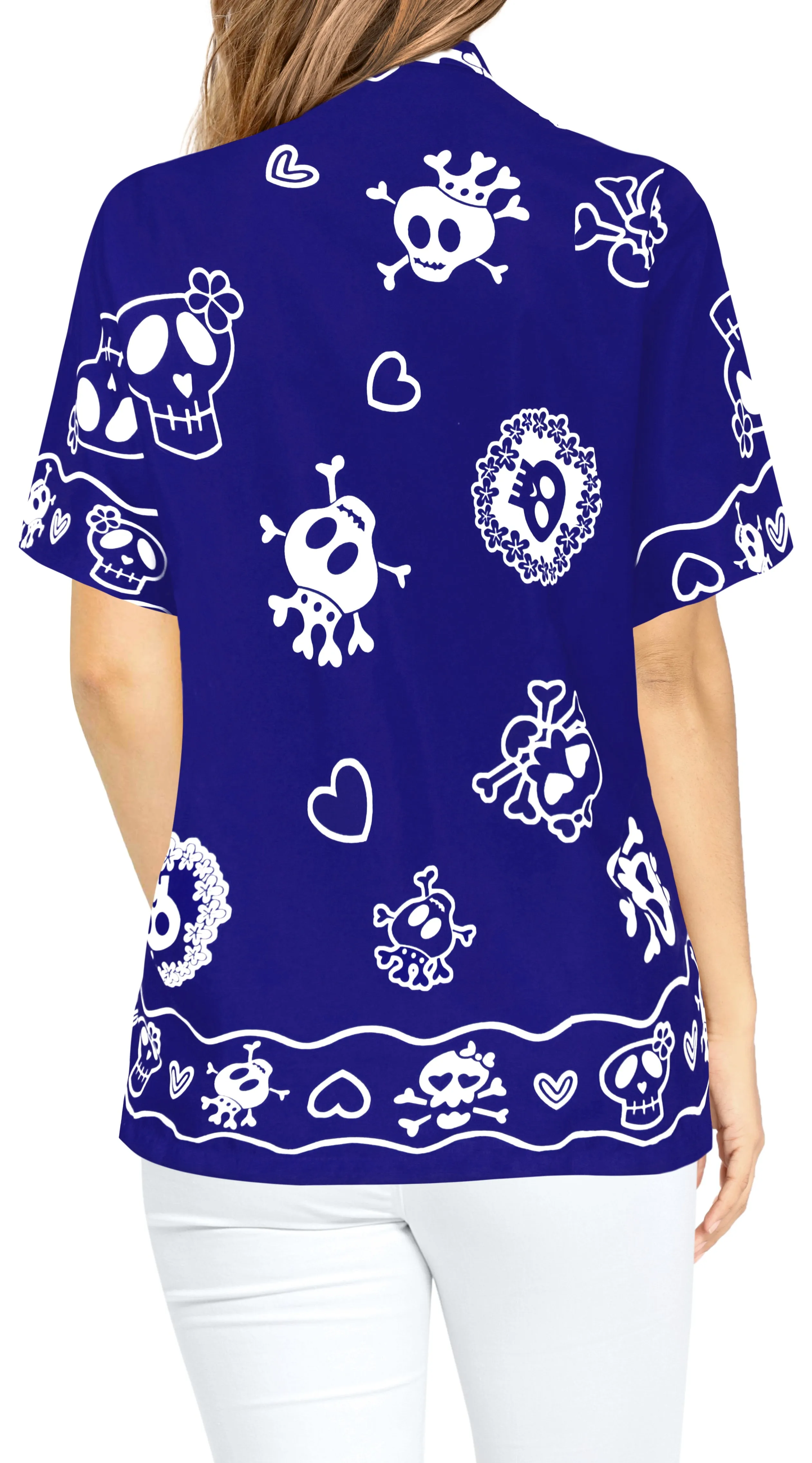 La Leela Women's Causal Halloween Skull Cross & Pirates Scary Printed Royal Blue Shirt