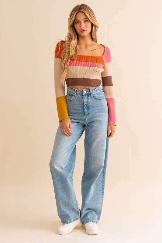 LE LIS Long Sleeve Color Block Stripe Knit Cropped Top