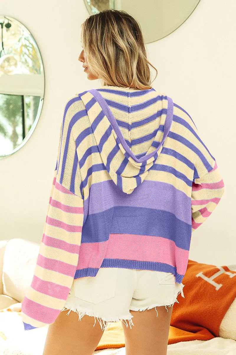 Lena Striped Color Block  Hooded Knit Top