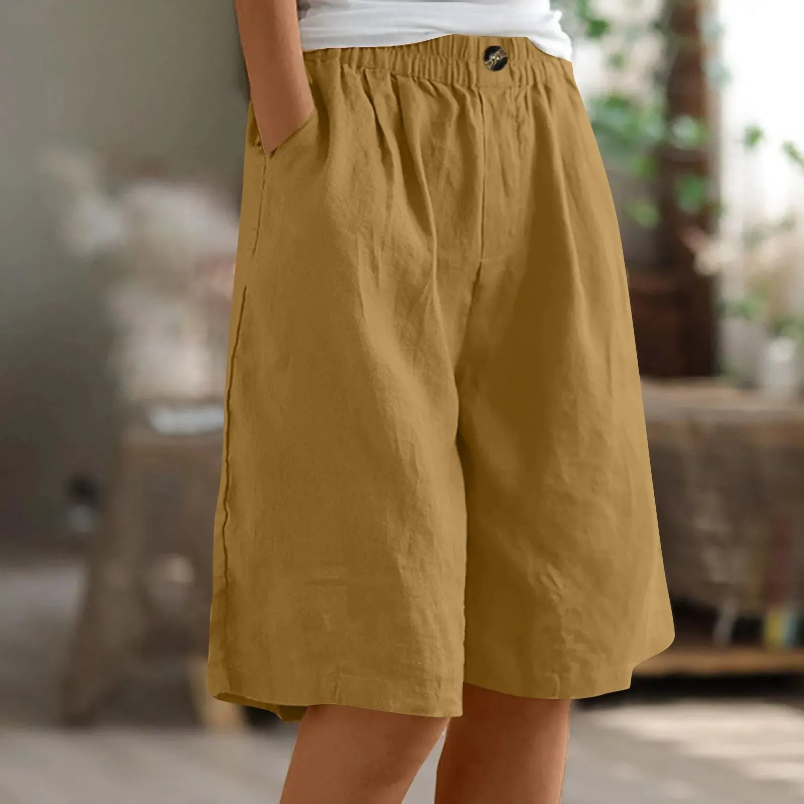 LVSANW Cotton Linen Shorts Women Summer New Solid Vintage Elastic Waist Wide Leg Pants Casual Loose Five Point Shorts Women Clothing