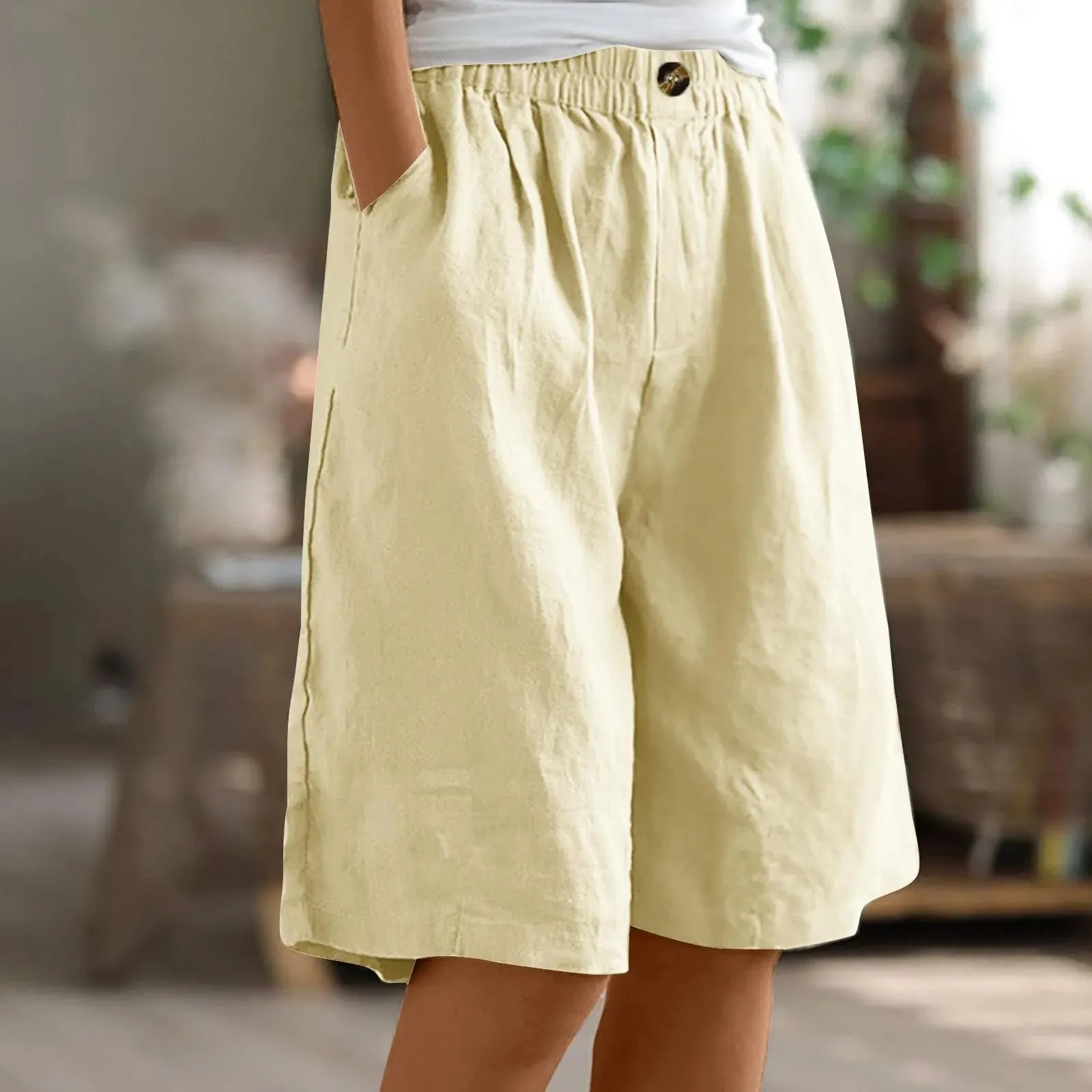 LVSANW Cotton Linen Shorts Women Summer New Solid Vintage Elastic Waist Wide Leg Pants Casual Loose Five Point Shorts Women Clothing