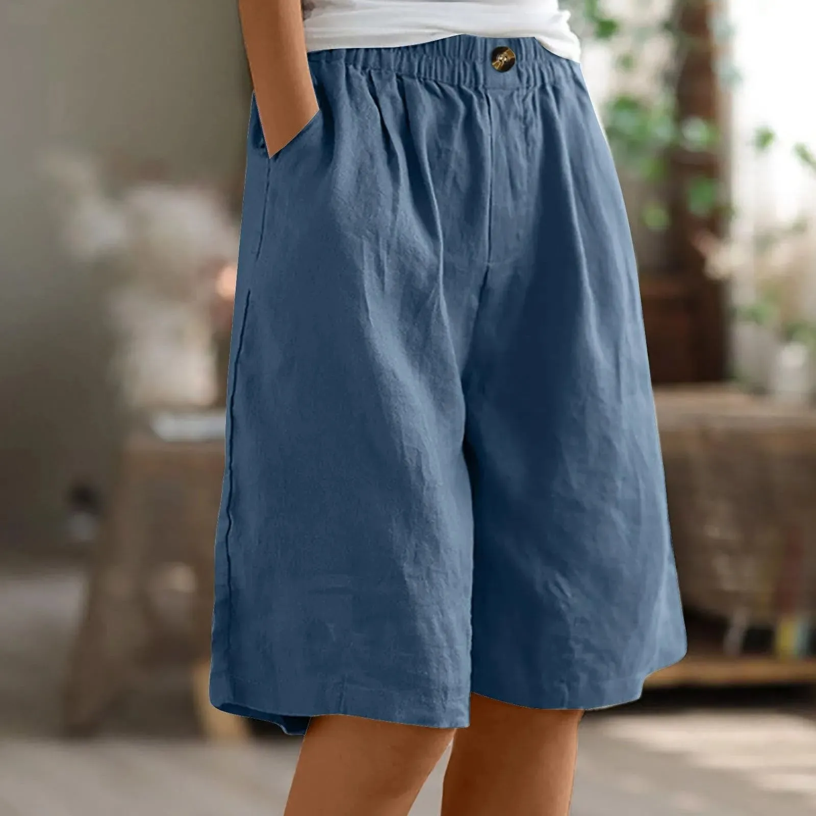 LVSANW Cotton Linen Shorts Women Summer New Solid Vintage Elastic Waist Wide Leg Pants Casual Loose Five Point Shorts Women Clothing