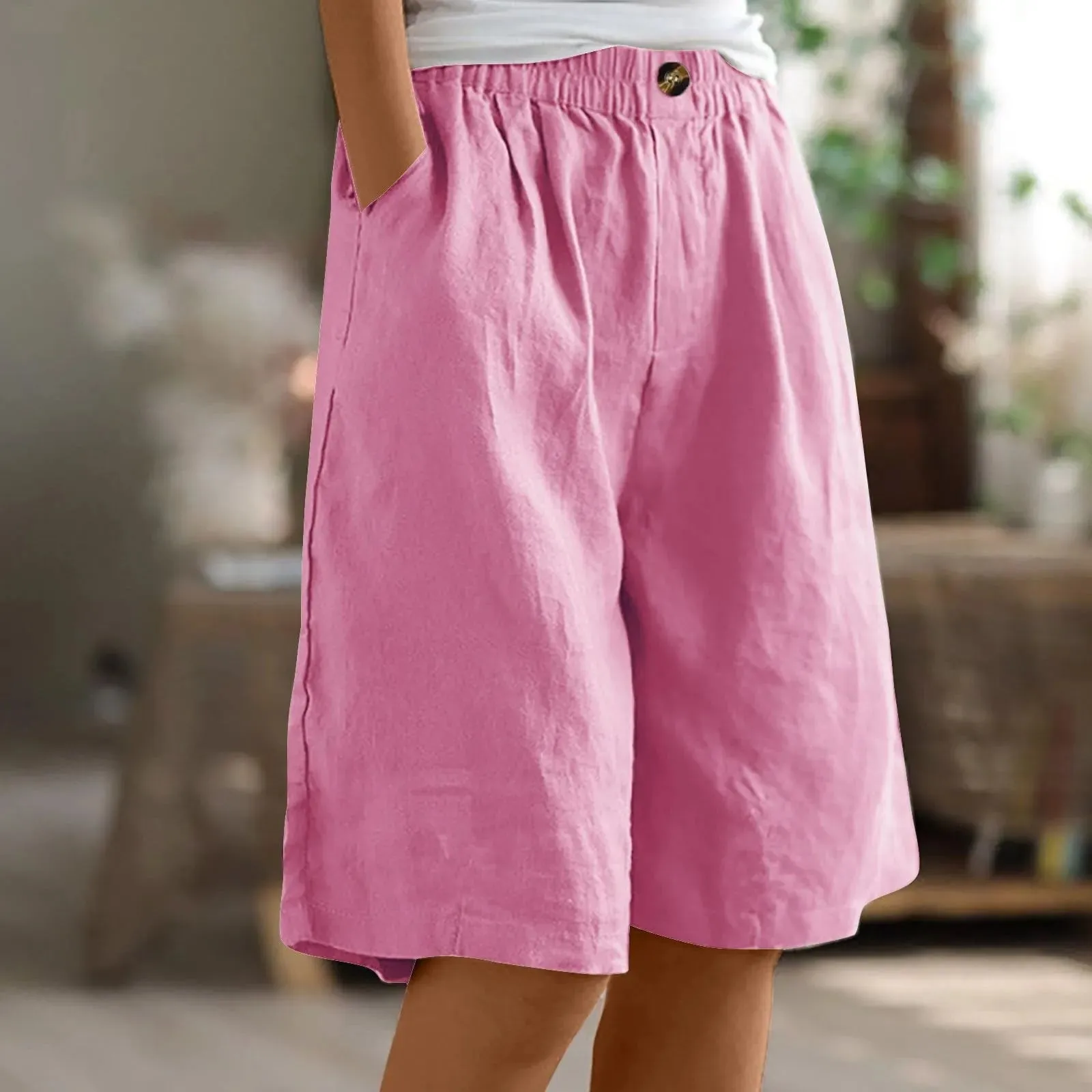 LVSANW Cotton Linen Shorts Women Summer New Solid Vintage Elastic Waist Wide Leg Pants Casual Loose Five Point Shorts Women Clothing