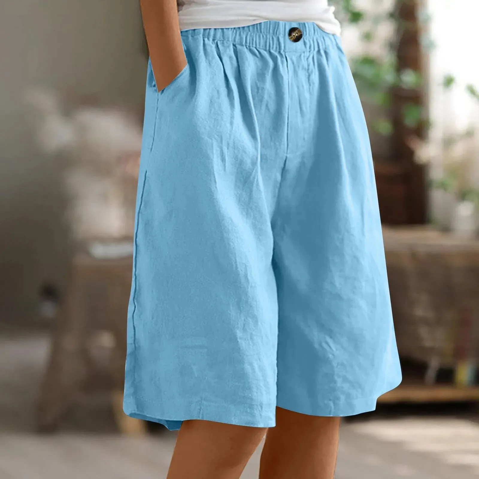 LVSANW Cotton Linen Shorts Women Summer New Solid Vintage Elastic Waist Wide Leg Pants Casual Loose Five Point Shorts Women Clothing