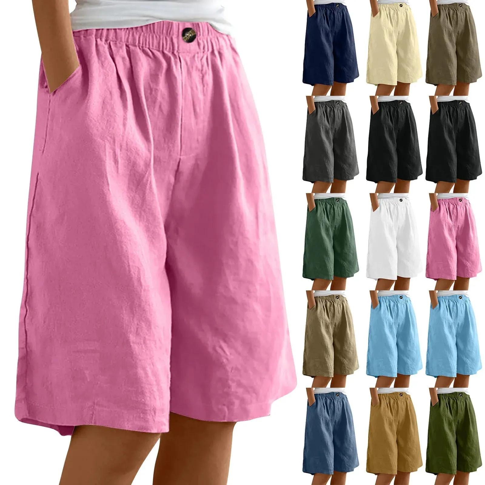 LVSANW Cotton Linen Shorts Women Summer New Solid Vintage Elastic Waist Wide Leg Pants Casual Loose Five Point Shorts Women Clothing