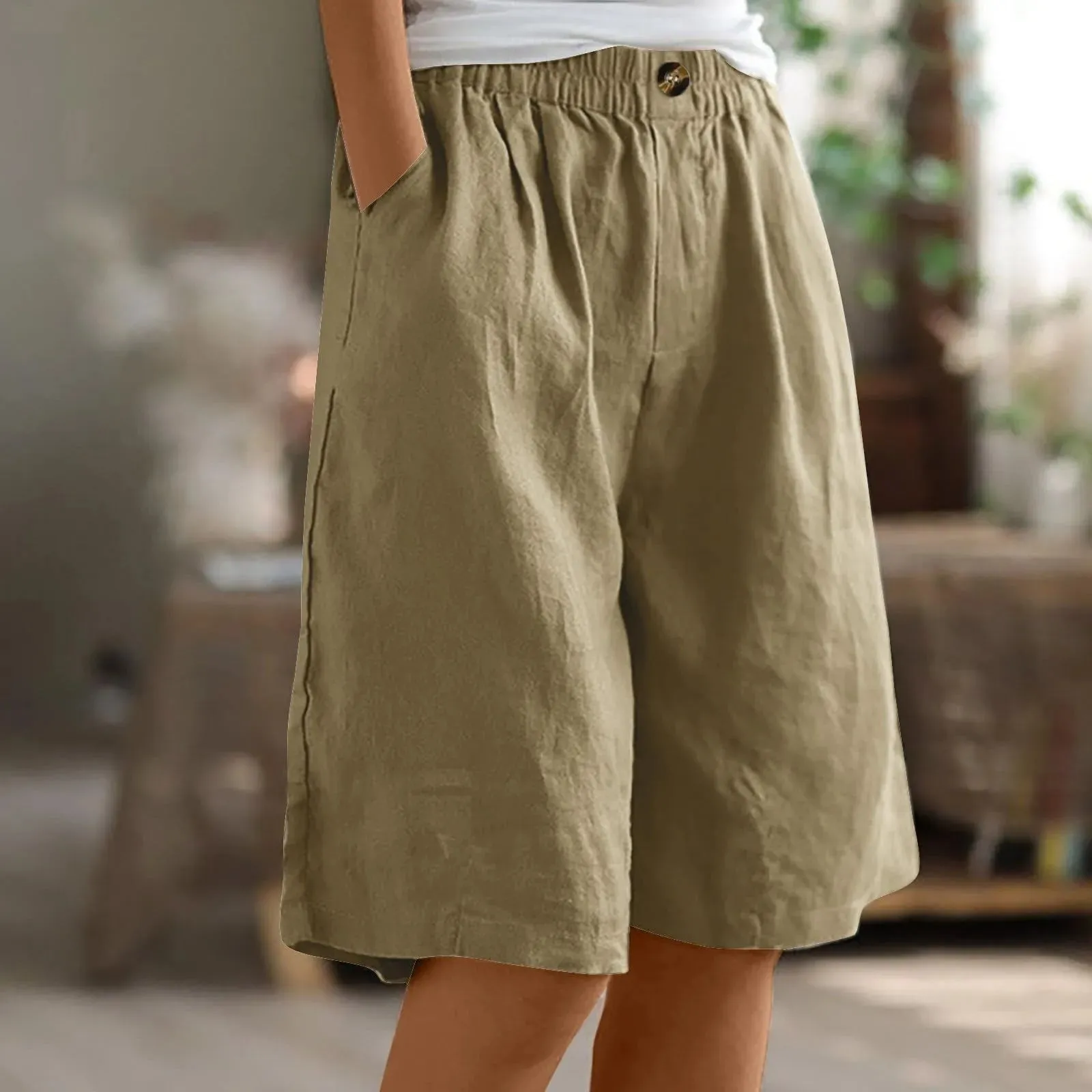 LVSANW Cotton Linen Shorts Women Summer New Solid Vintage Elastic Waist Wide Leg Pants Casual Loose Five Point Shorts Women Clothing