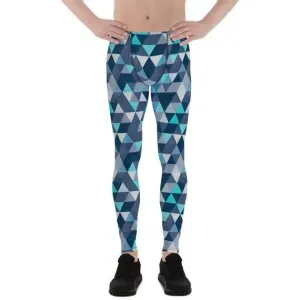 Men's Blue Geometric Triangles Mens Leggings - Moisture Wicking, Quick Drying, Compression Fit