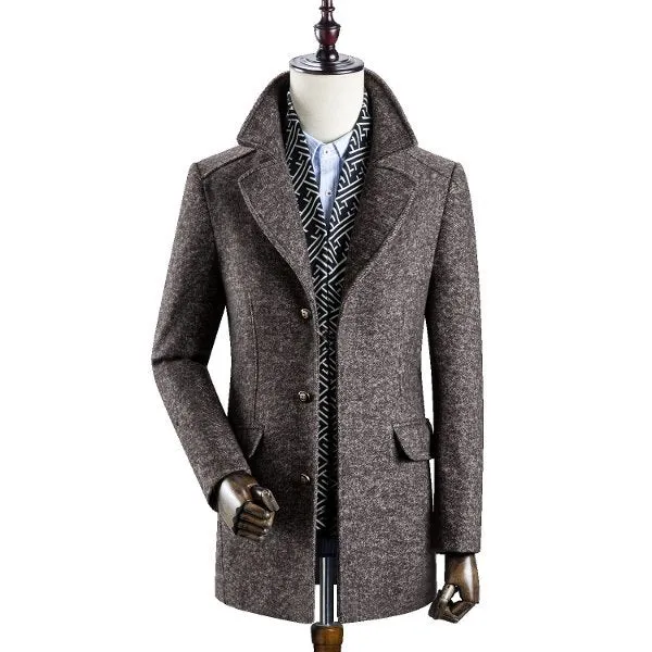 Mens Business Casual Thicken Woolen Trench Coat