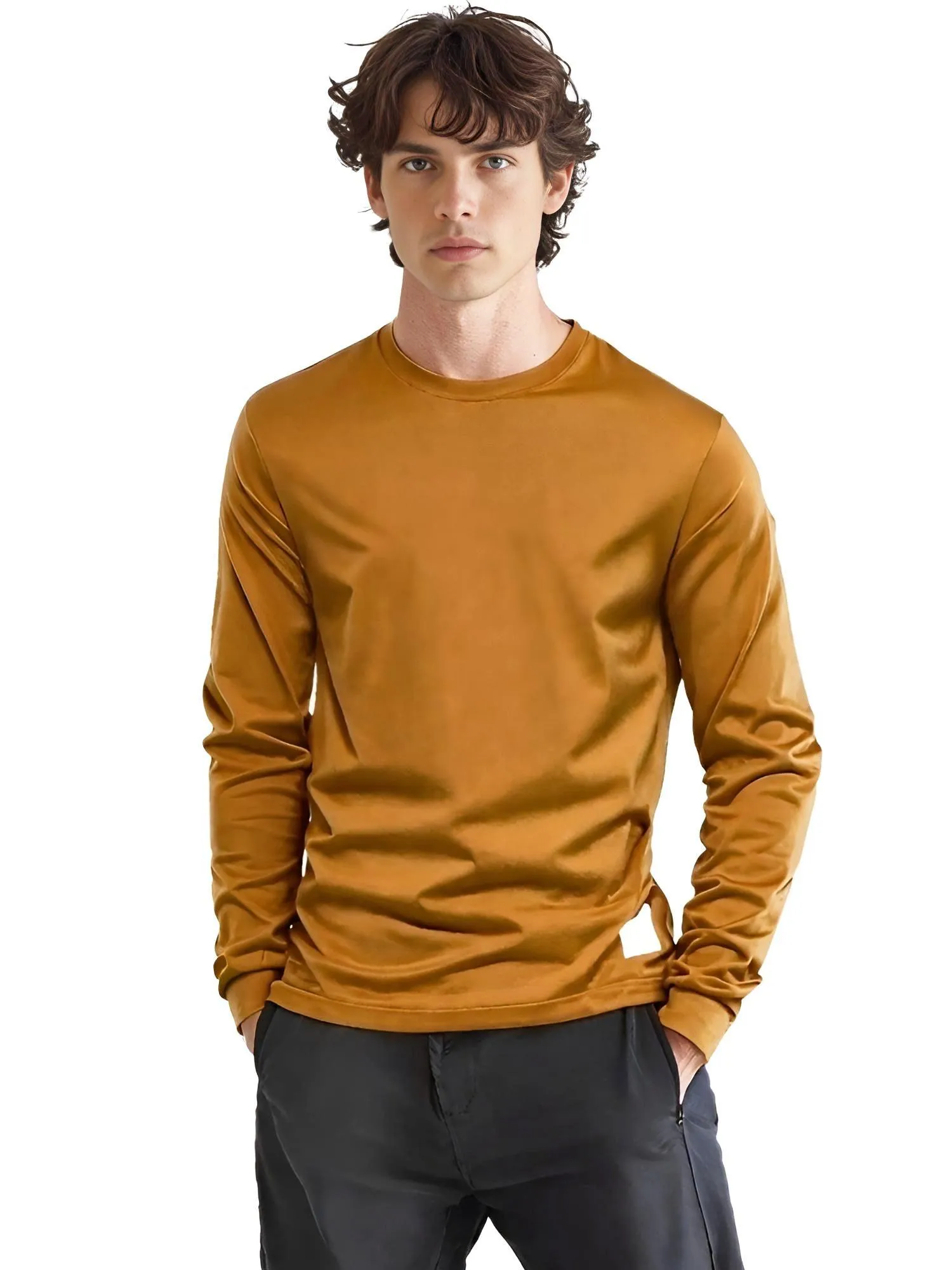 Men's Cotton Pullover Tops Comfortable Anti-Pilling Crew Neck Elastic Cuff Long Sleeve Essential Shirts For Men