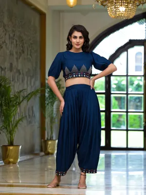 Navy Thread Embroidered Rayon Top & Dhoti Pant Set