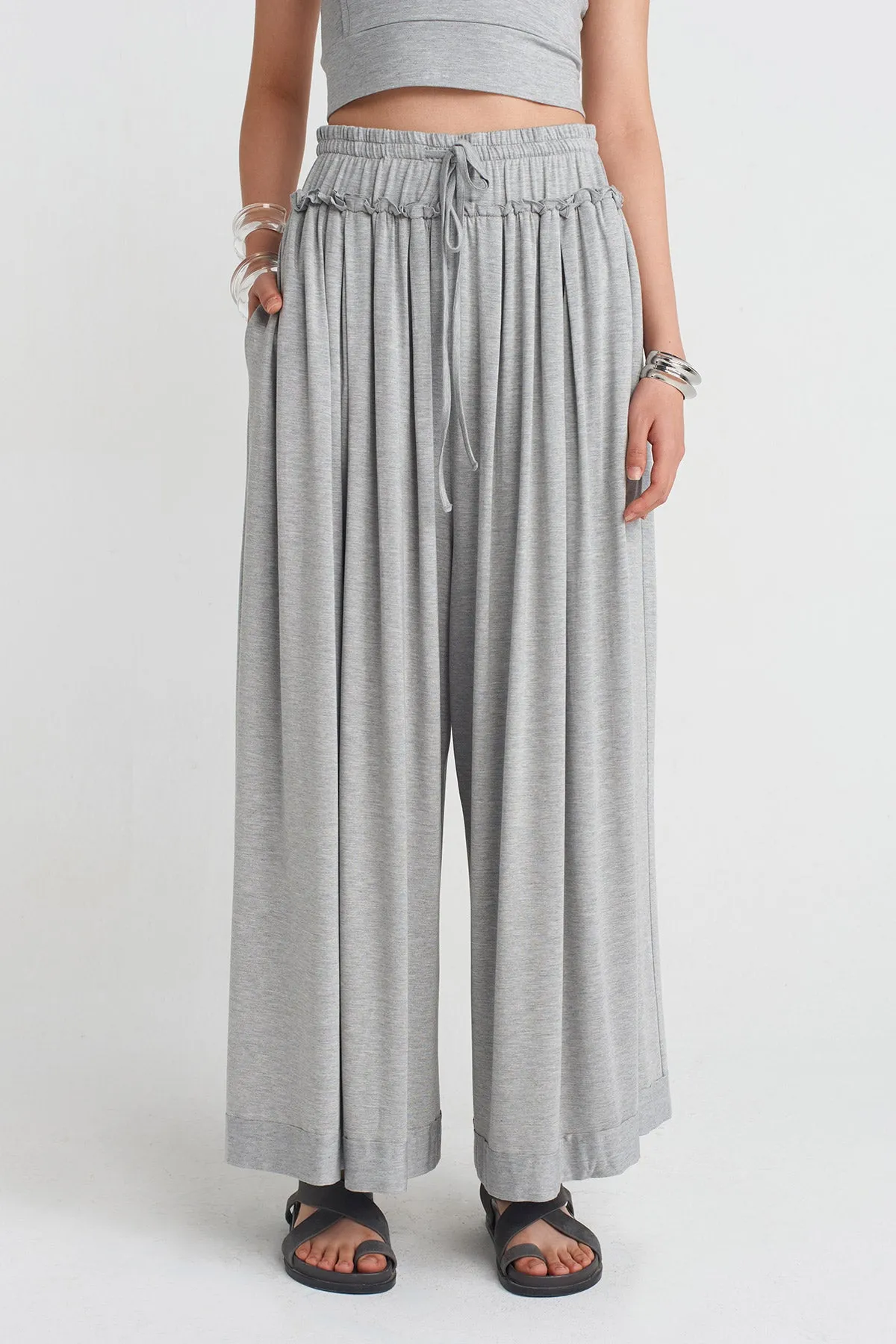 Nu High-Waisted Wide Leg Pants Grey Melange