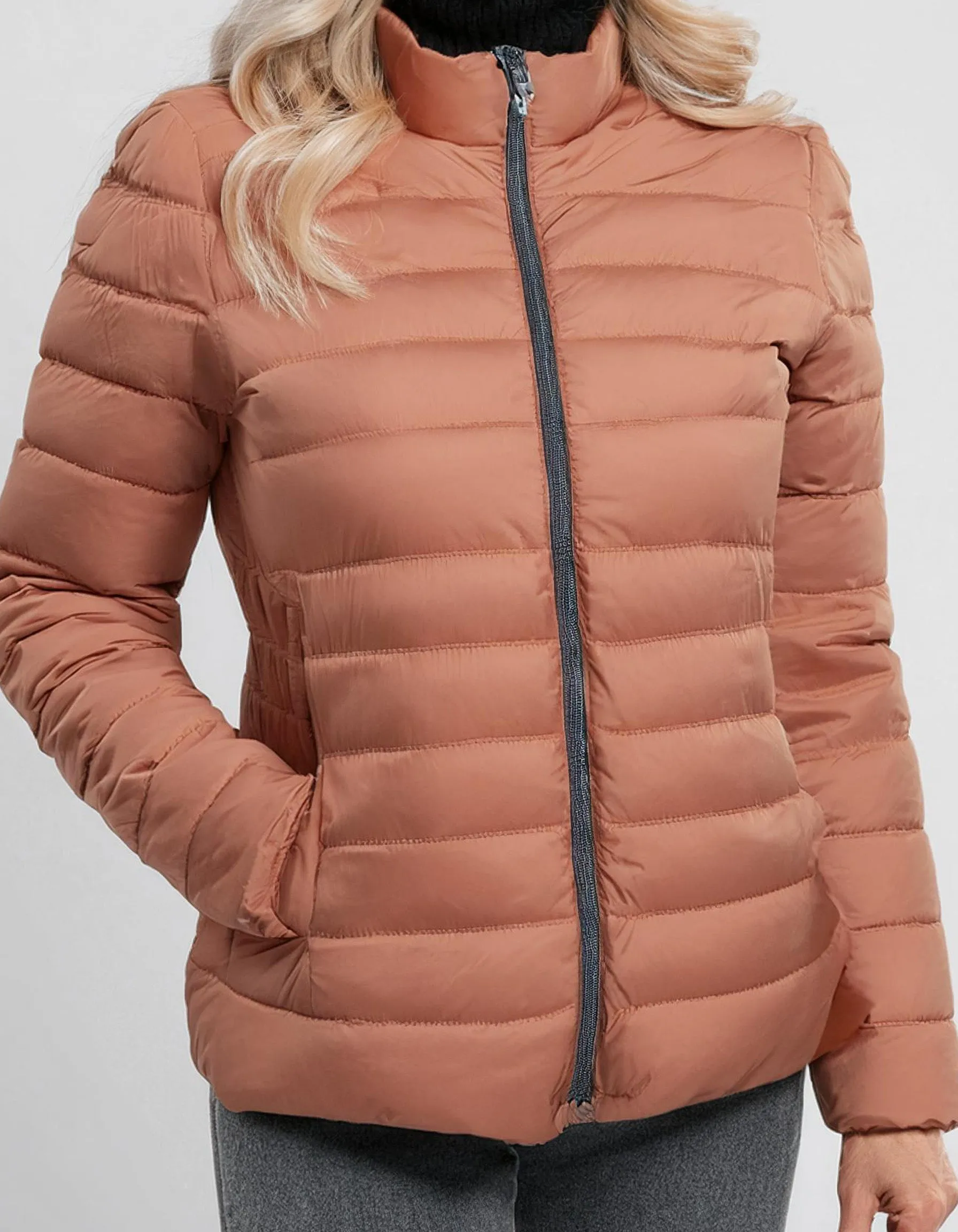 Peach Quilted Zip-Up Puffer Jacket