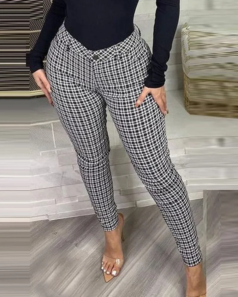 Plaid Print Zipper Fly Skinny Pants