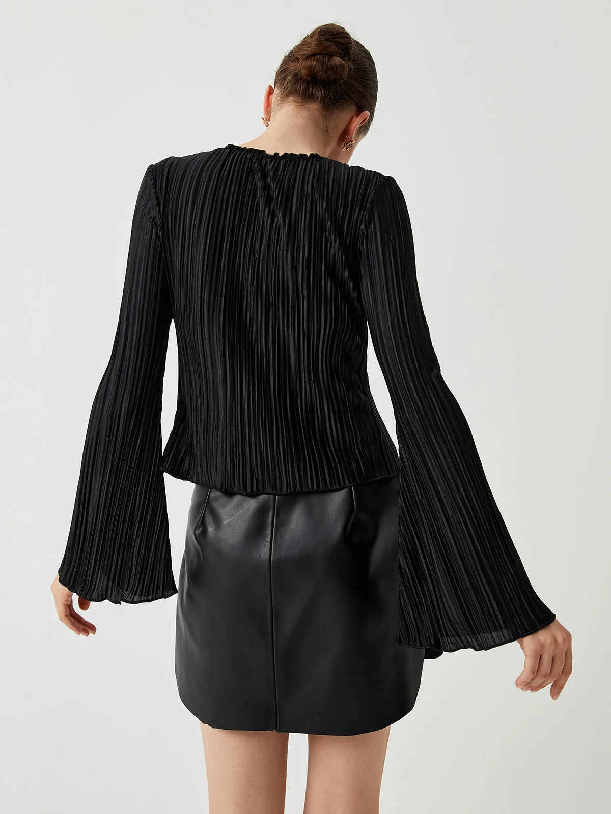 Pleated V-neck Ruffle Trendy Long Sleeve Blouse