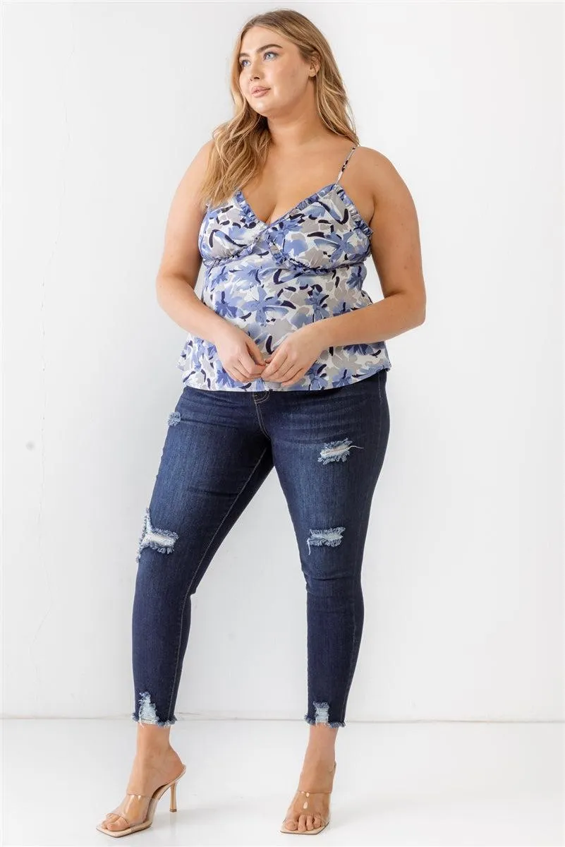 Plus Size Floral Print Blue Woven Tank Top