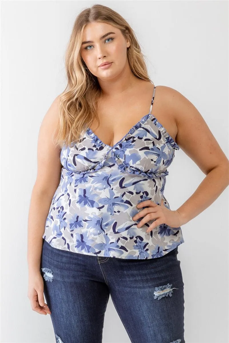 Plus Size Floral Print Blue Woven Tank Top